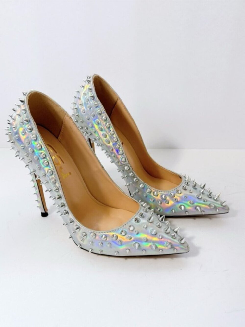 Women’s Holographic Spike Stud Pointed Toe Stiletto Sexy Heels Pumps FSJ Size 6
